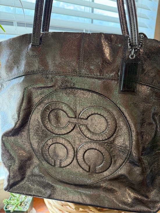 Coach Handbags - Coach Metallic Bronze Leather Op Art Logo Large Tote Shoulder Bag